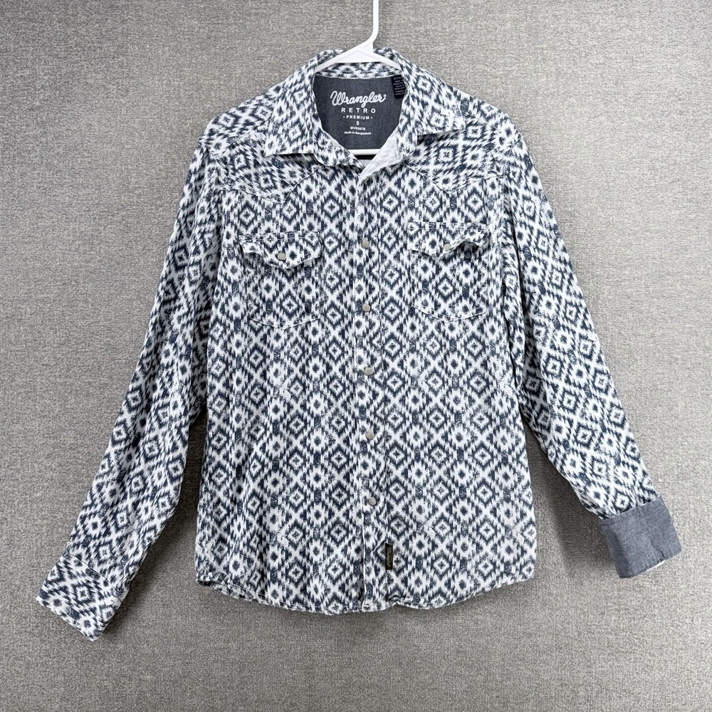 Wrangler Retro Premium Pearl Snap Western Shirt Men Small White Geometric Blue